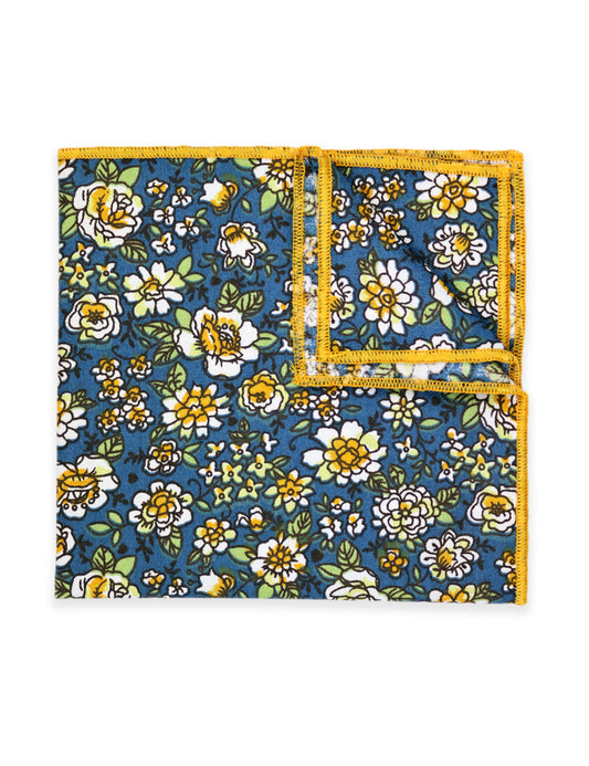 100% Cotton Floral Print Pocket Square - Blue & Yellow