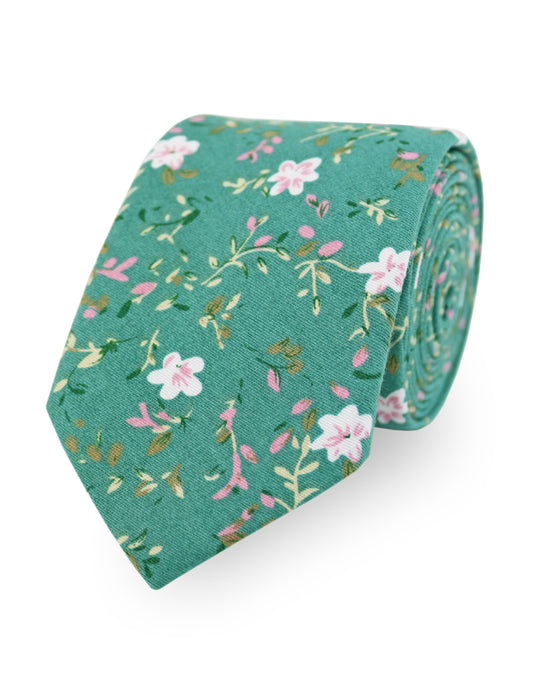 100% Cotton Floral Print Tie - Teal Blue & White