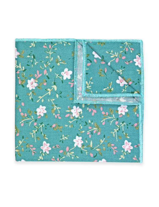 100% Cotton Floral Print Pocket Square - Teal Blue & White