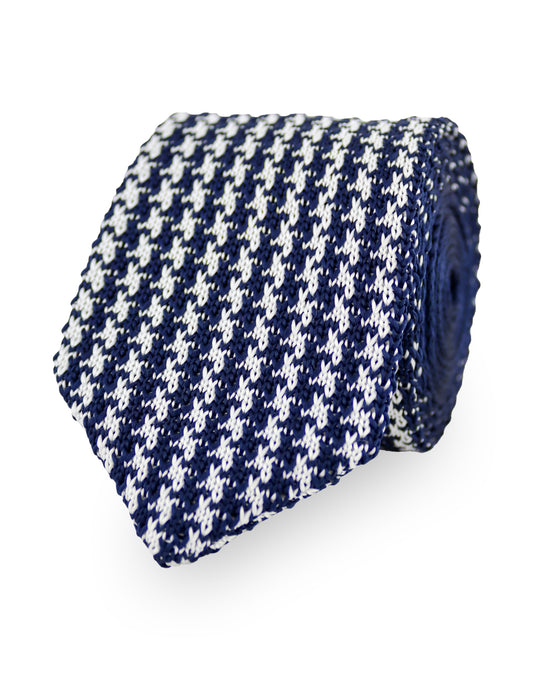 Houndstooth Design Knitted Tie With Diamond End - Navy Blue