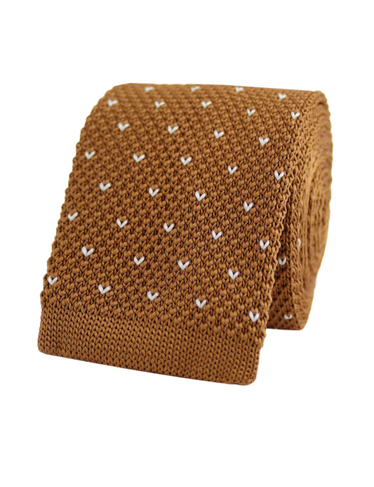 100% Polyester Square End Knitted Tie With Dots - Caramel Brown