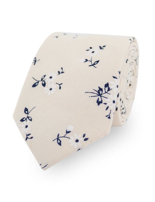 100% Cotton Floral Print Tie - Cream & Navy