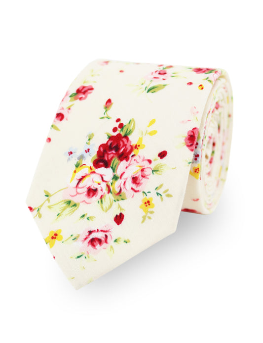 100% Cotton Floral Print Tie - Cream & Pink