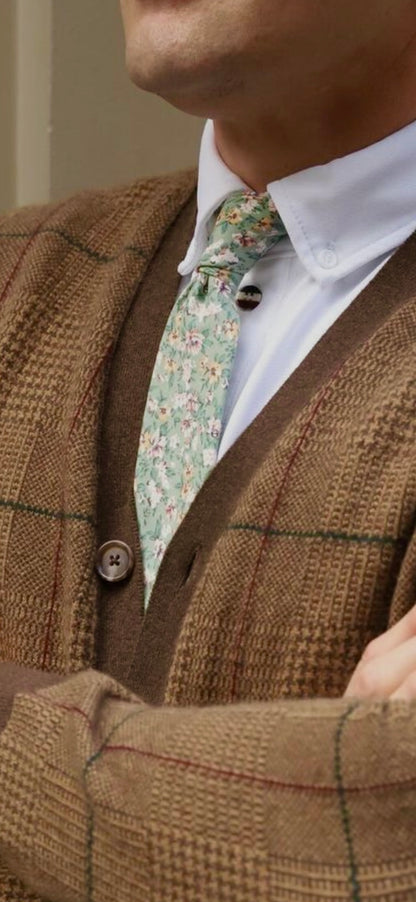 100% Cotton Floral Print Tie - Sage Green