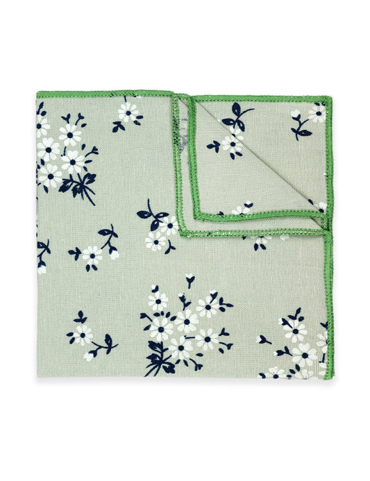 100% Cotton Floral Print Pocket Square - Green & Navy
