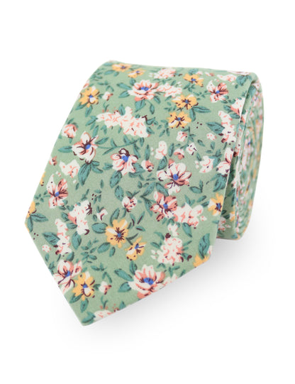 100% Cotton Floral Print Tie - Sage Green