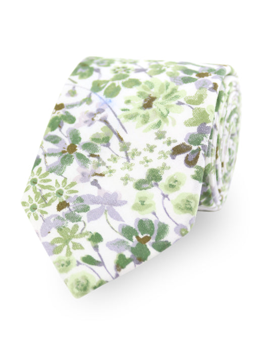 100% Cotton Floral Print Tie - Green And White