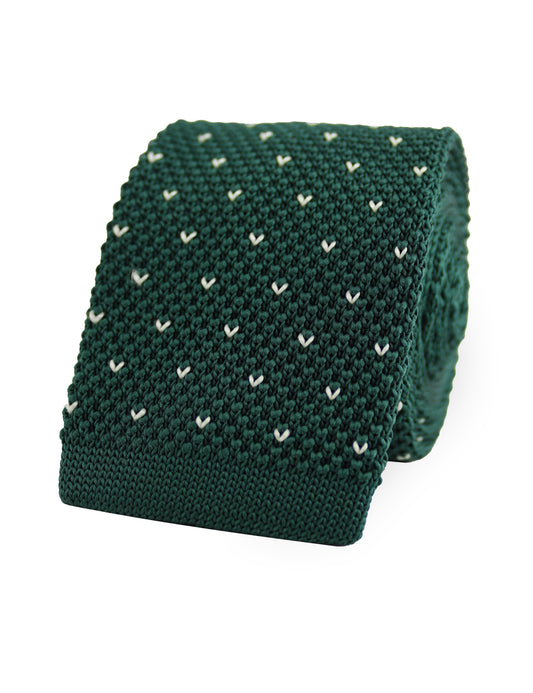 100% Polyester Square End Knitted Tie With Dots - Dark Green