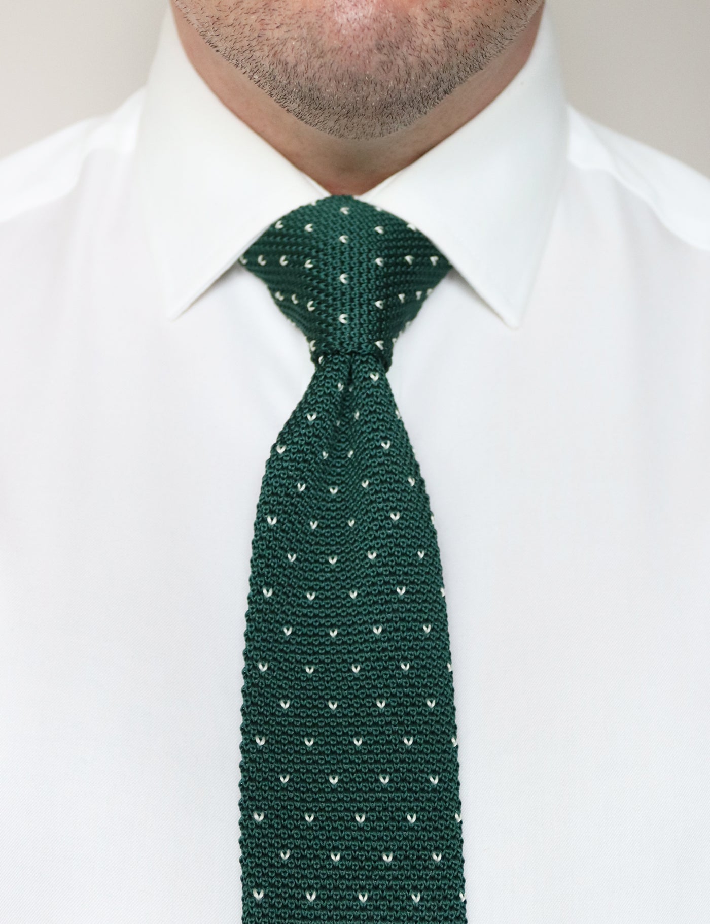 100% Polyester Square End Knitted Tie With Dots - Dark Green