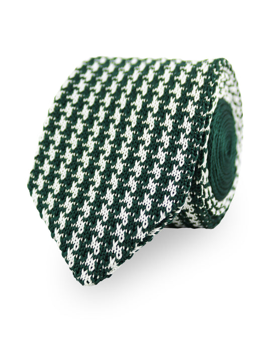 Houndstooth Design Knitted Tie With Diamond End - Dark Green