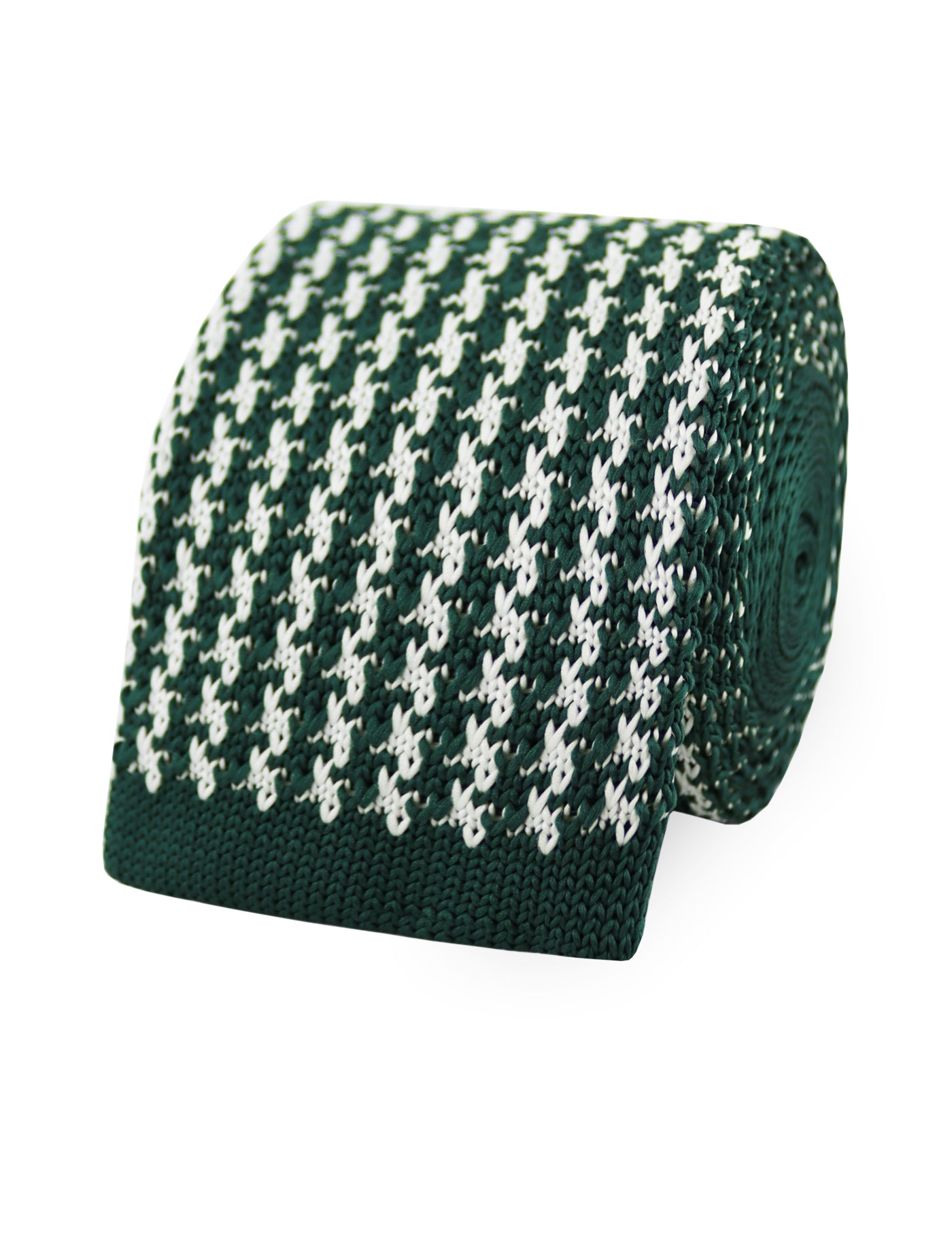 Houndstooth Design Knitted Tie With Square End - Dark Green