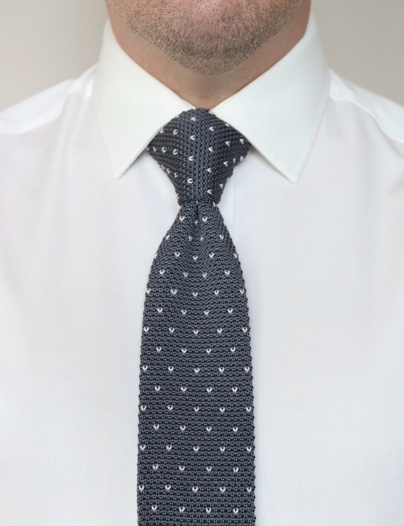 100% Polyester Square End Knitted Tie With Dots - Dark Grey