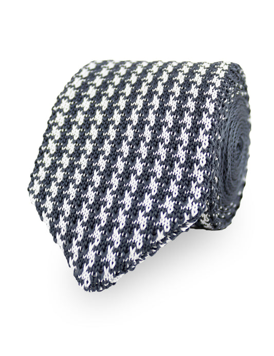 Houndstooth Design Knitted Tie With Diamond End - Dark Grey