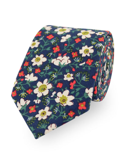 100% Cotton Floral Print Tie - Navy Blue, White & Red