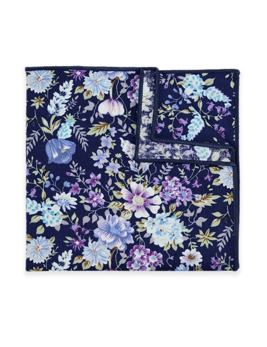 100% Cotton Floral Print Pocket Square - Navy Blue & Purple