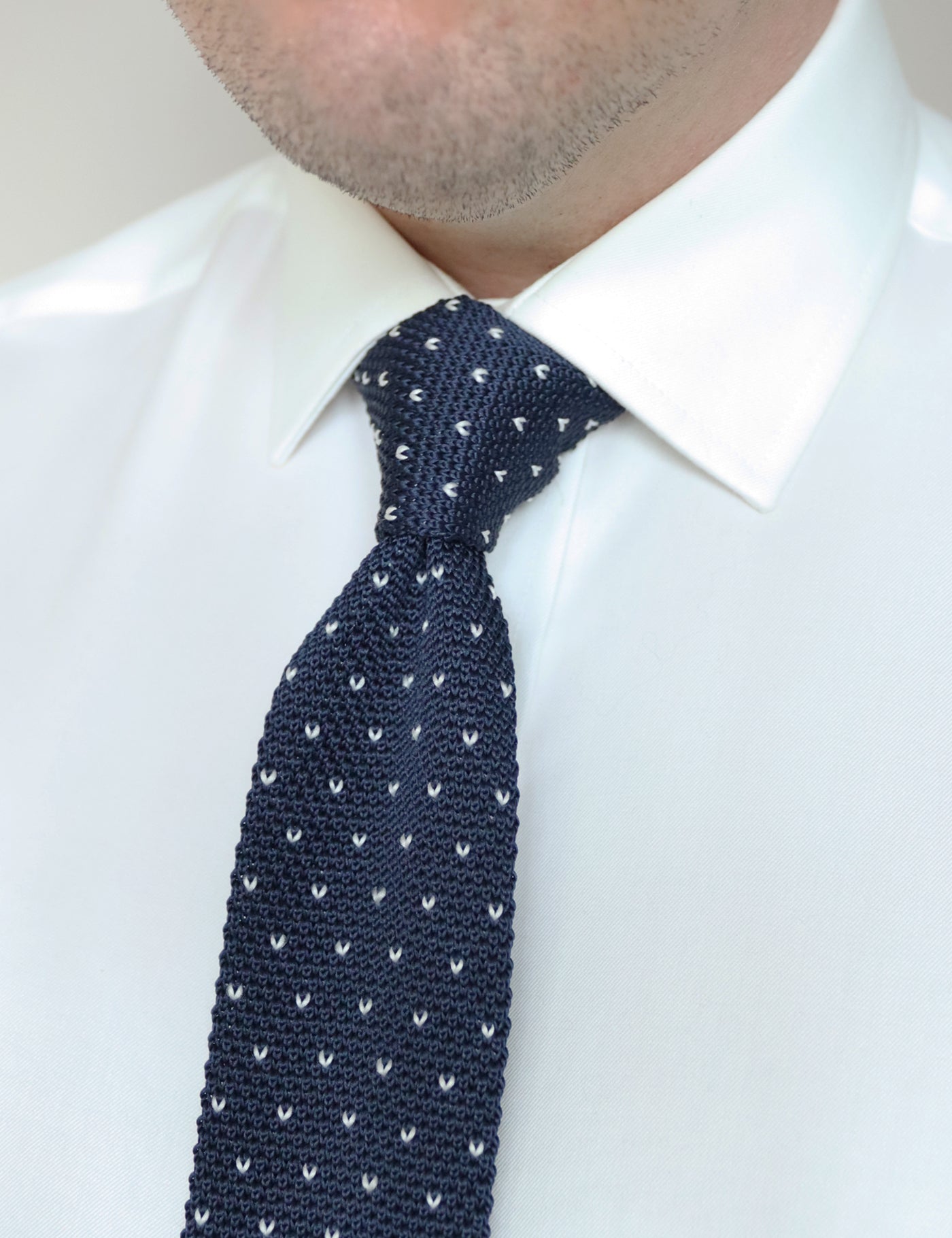 100% Polyester Square End Knitted Tie With Dots - Navy Blue