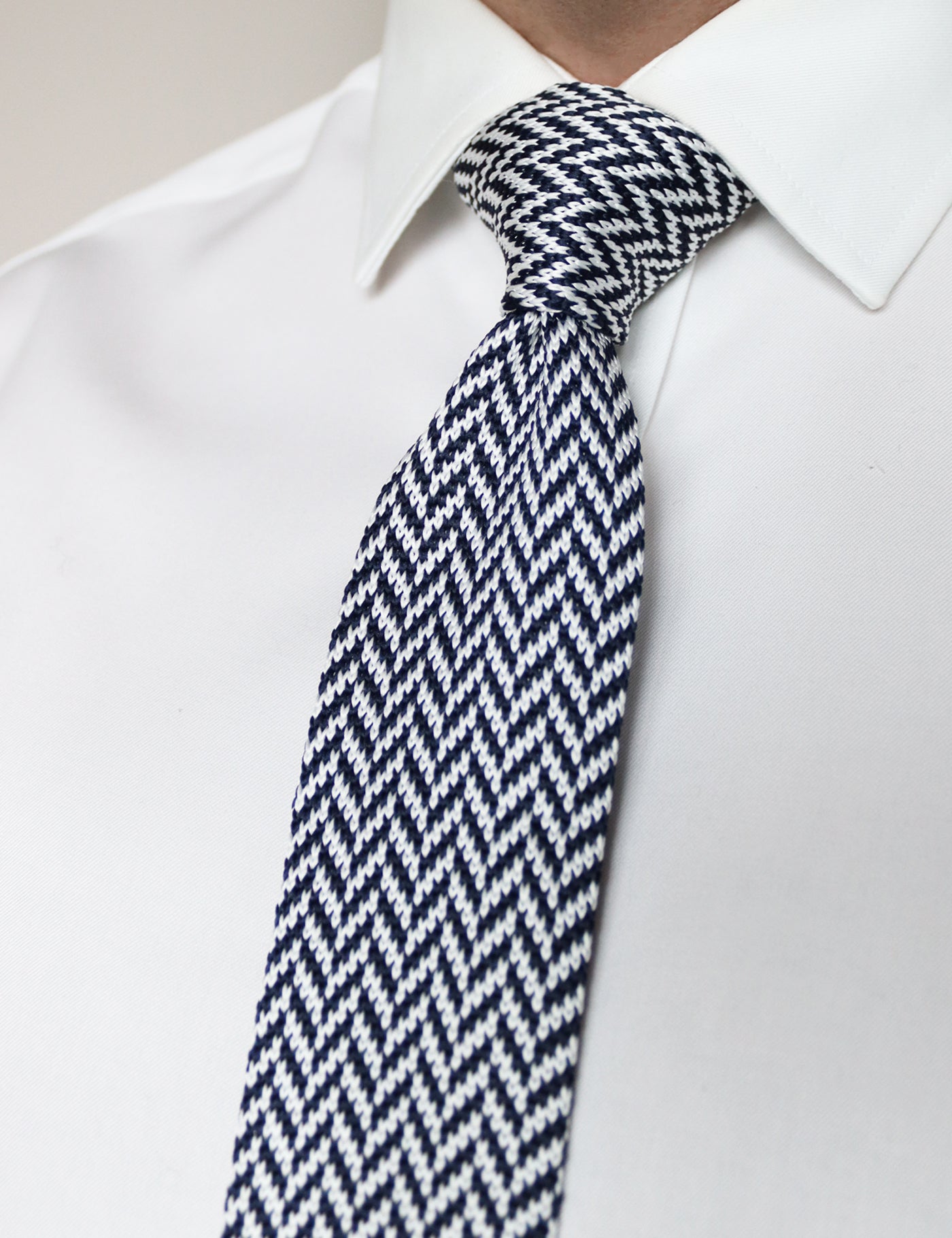 Herringbone Design Knitted Tie With Square End - Navy Blue