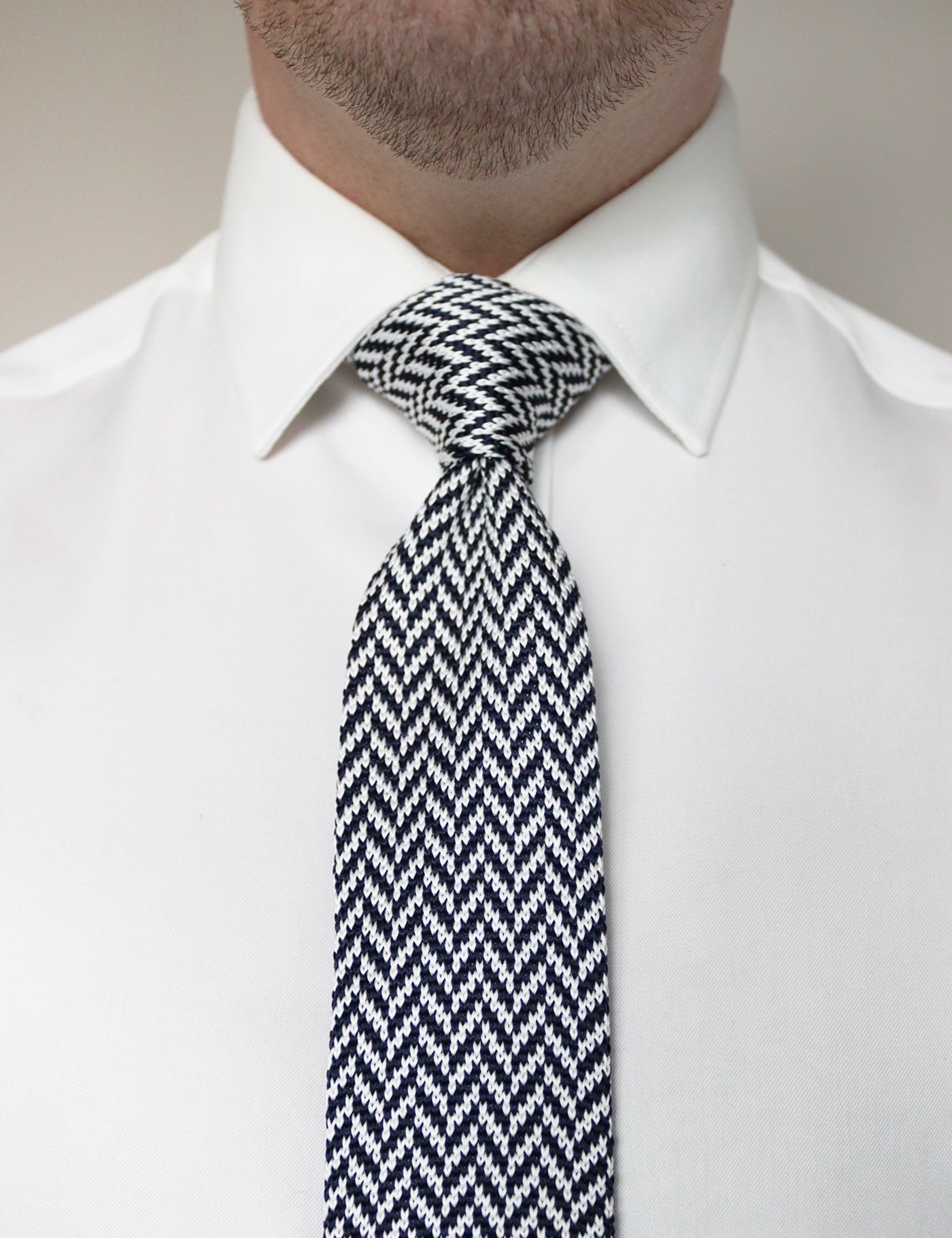 Herringbone Design Knitted Tie With Square End - Navy Blue