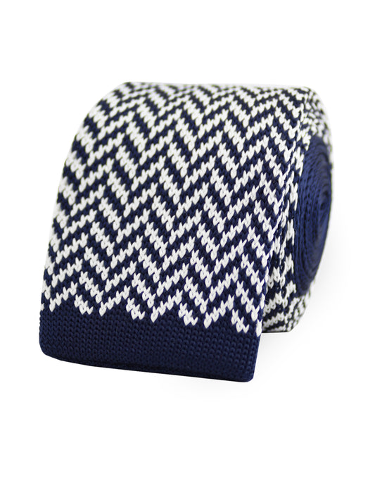 Herringbone Design Knitted Tie With Square End - Navy Blue