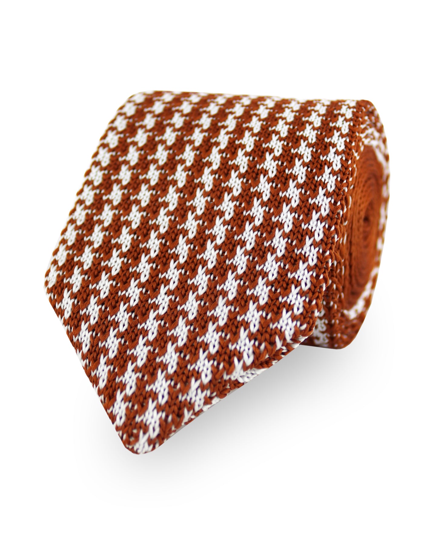 Houndstooth Design Knitted Tie With Diamond End - Rust Orange