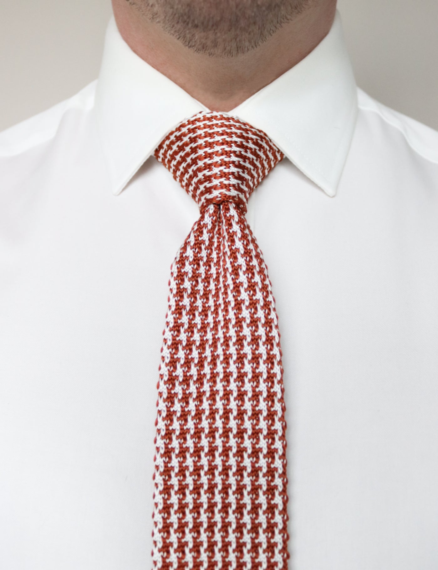 Houndstooth Design Knitted Tie With Square End - Rust Orange