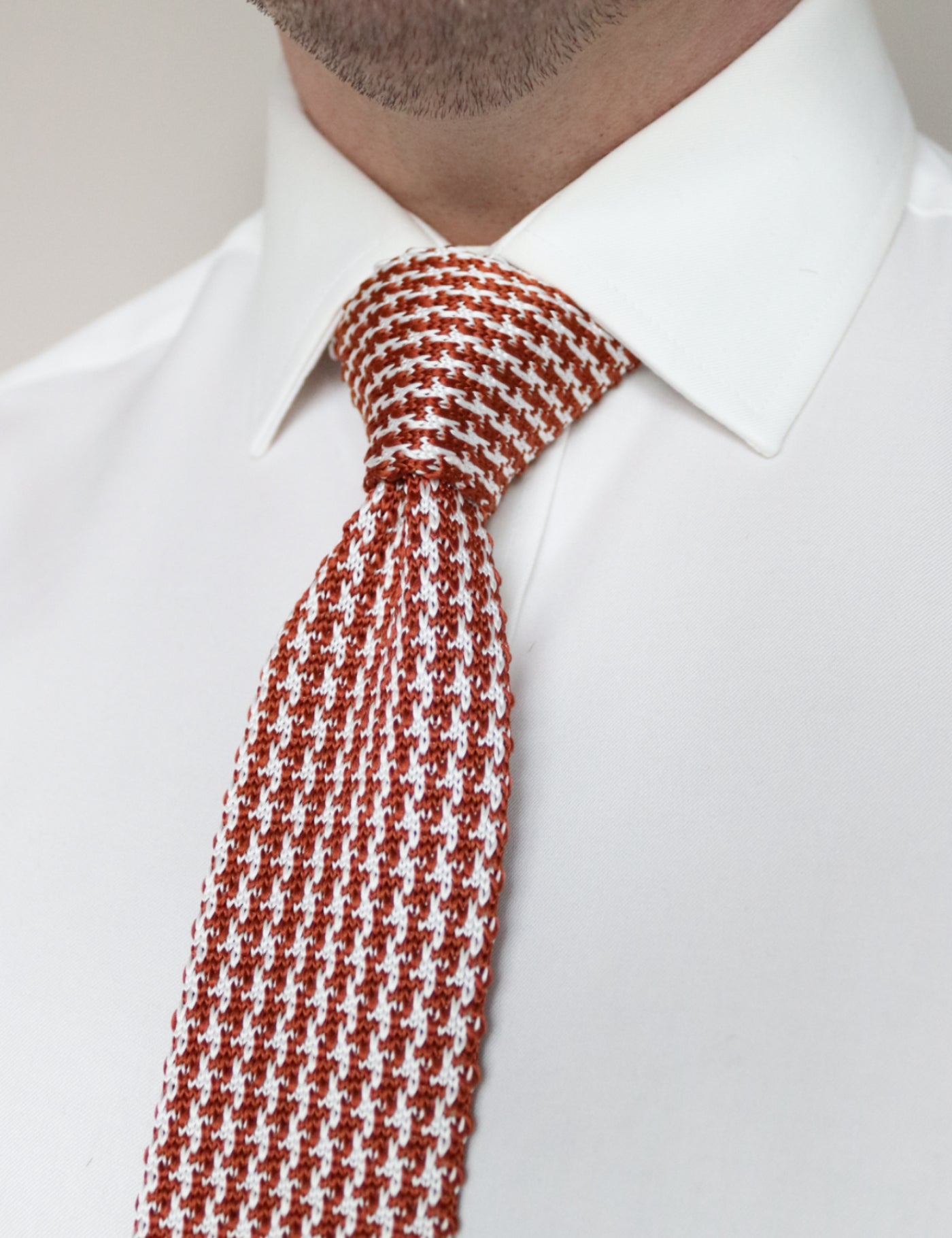 Houndstooth Design Knitted Tie With Square End - Rust Orange