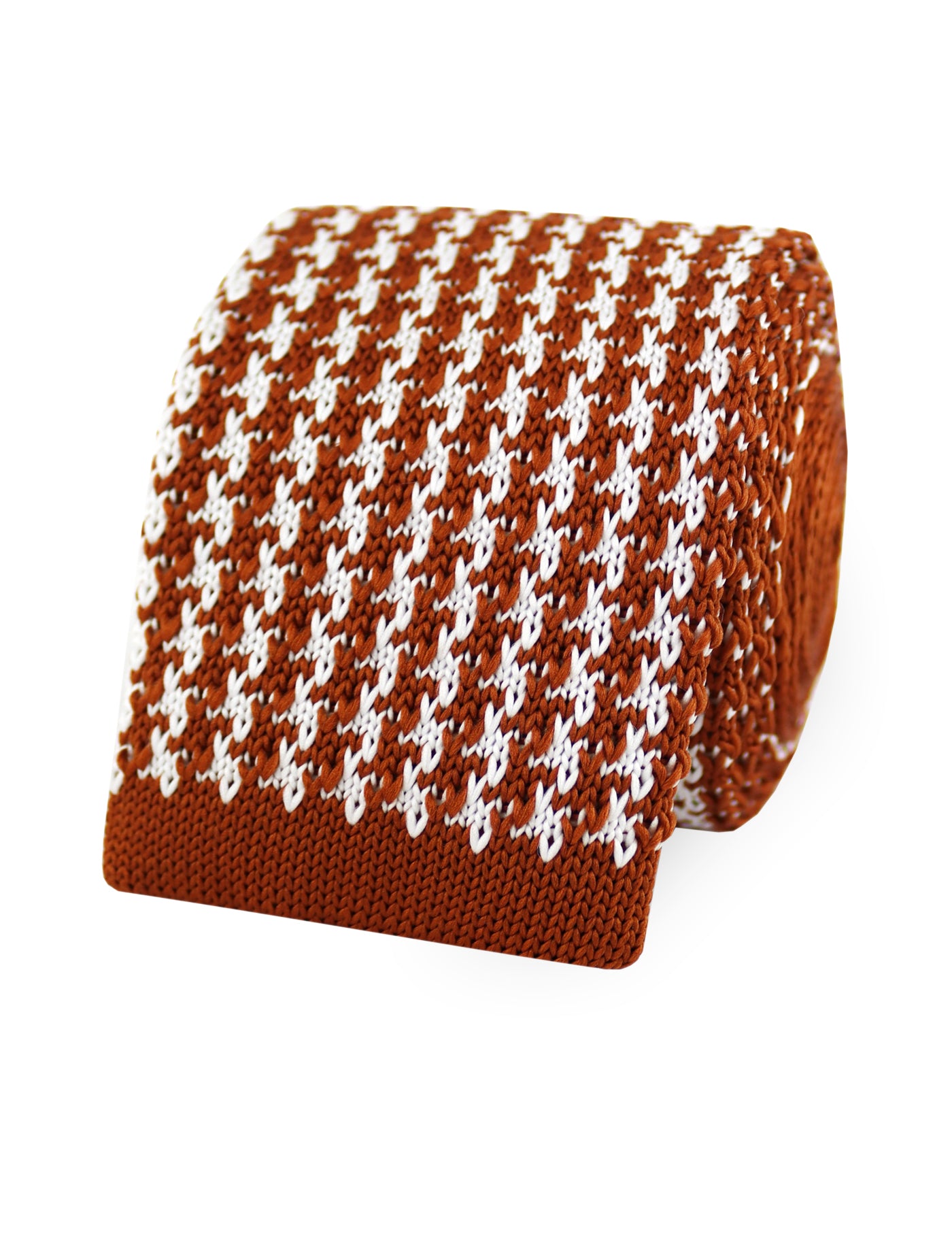 Houndstooth Design Knitted Tie With Square End - Rust Orange