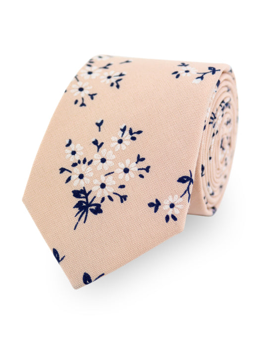 100% Cotton Floral Print Tie - Peach & Navy