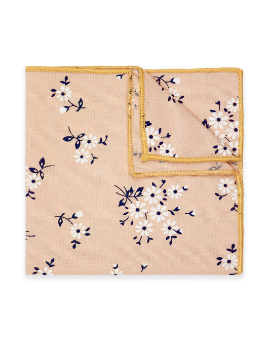 100% Cotton Floral Print Pocket Square - Peach & Navy