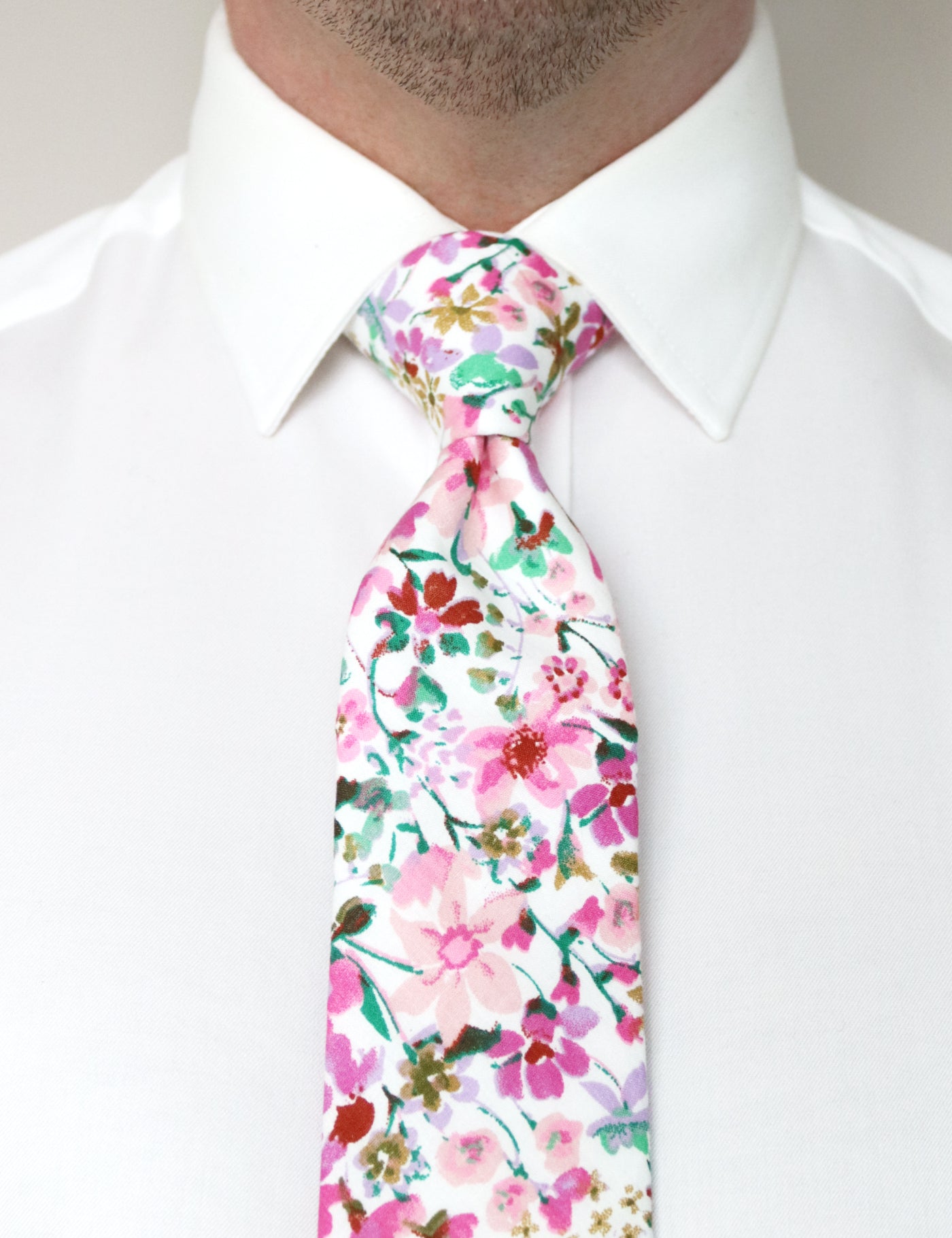 100% Cotton Floral Print Tie - Pink & White