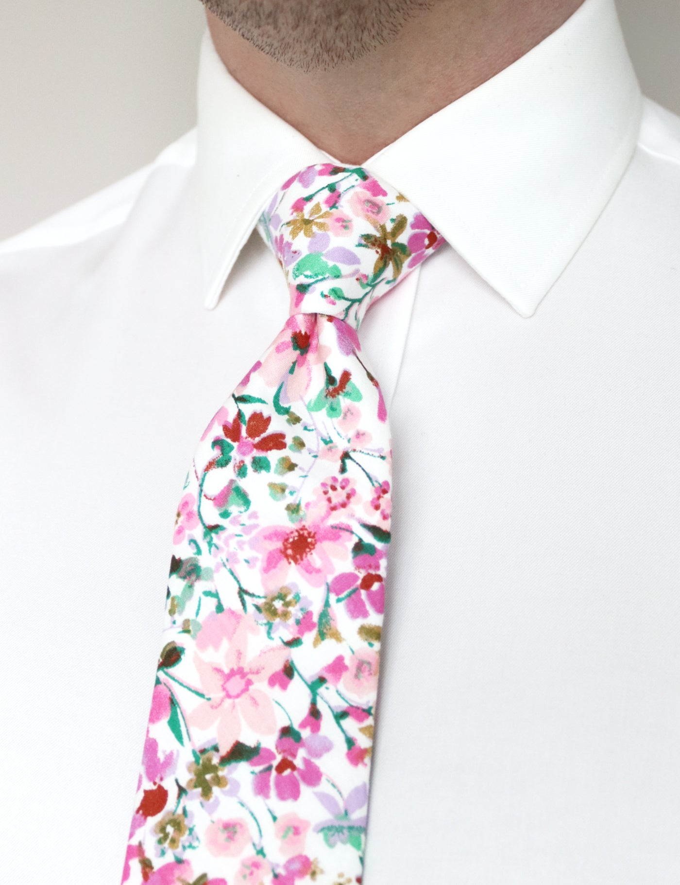 100% Cotton Floral Print Tie - Pink & White