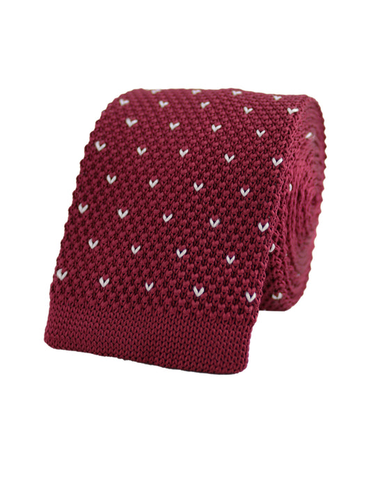 100% Polyester Square End Knitted Tie With Dots - Wine Red