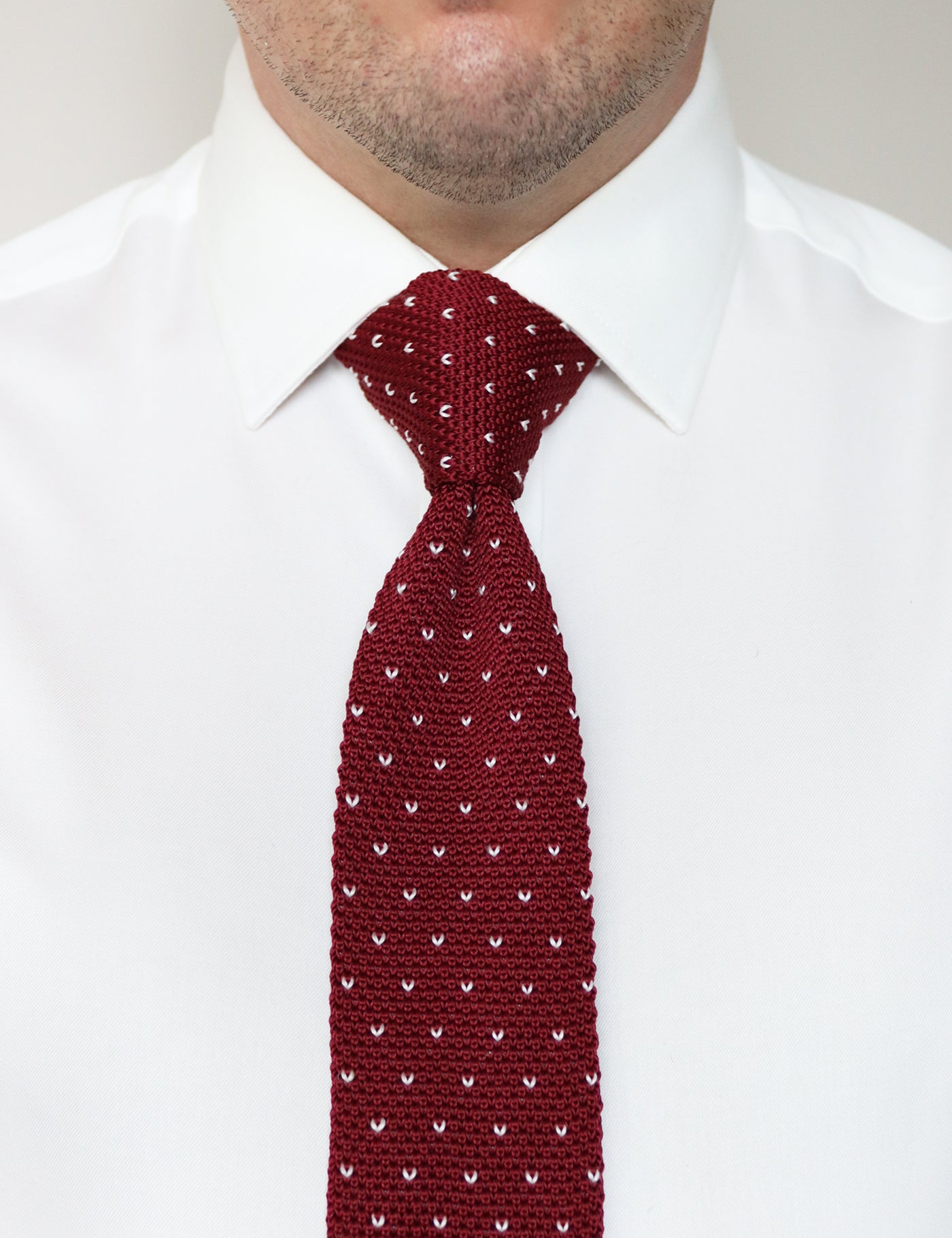 100% Polyester Square End Knitted Tie With Dots - Wine Red