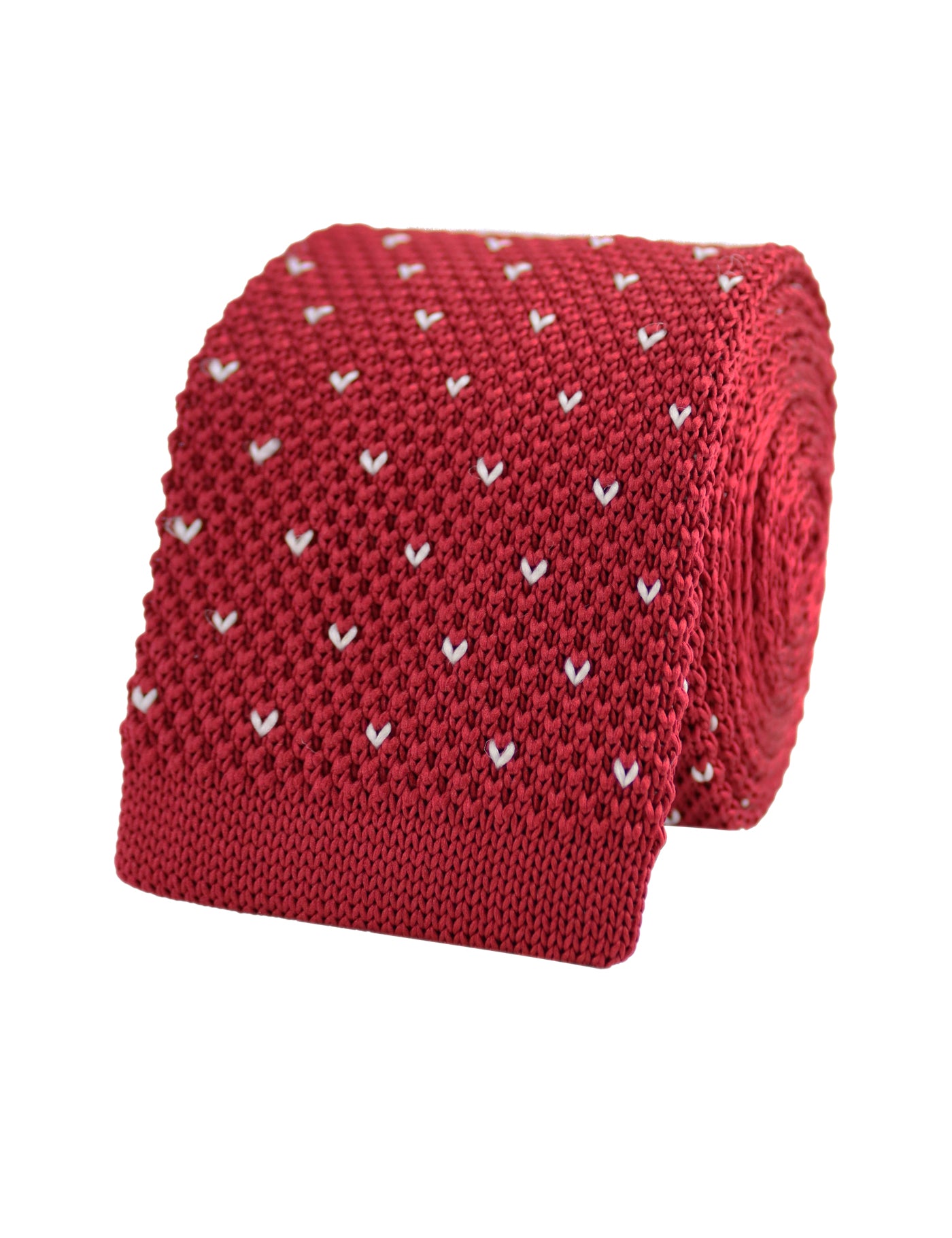 100% Polyester Square End Knitted Tie With Dots - Burgundy Red