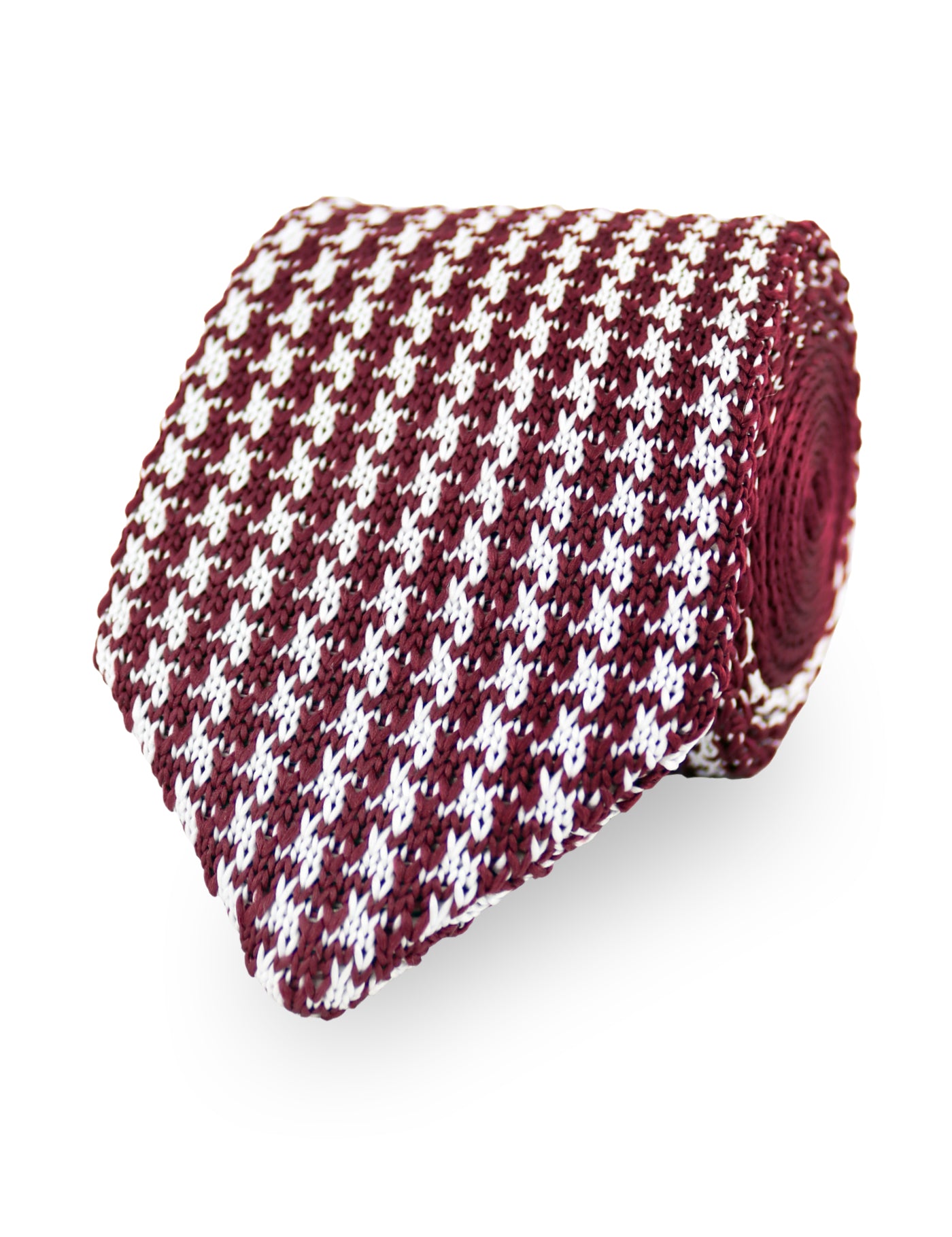 Houndstooth Design Knitted Tie With Diamond End - Wine Red