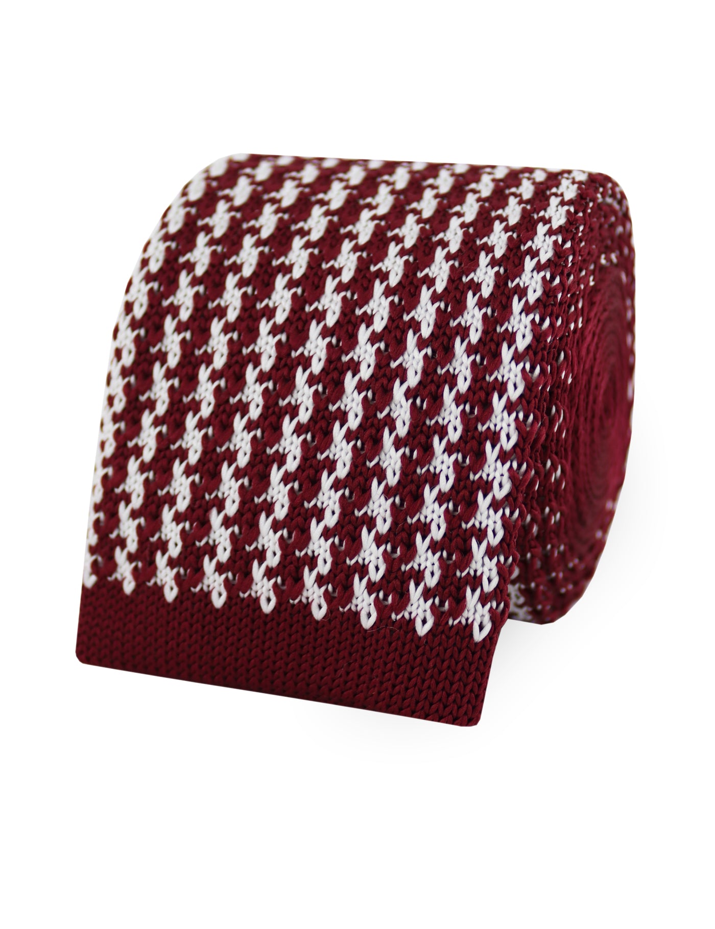 Houndstooth Design Knitted Tie With Square End - Wine Red