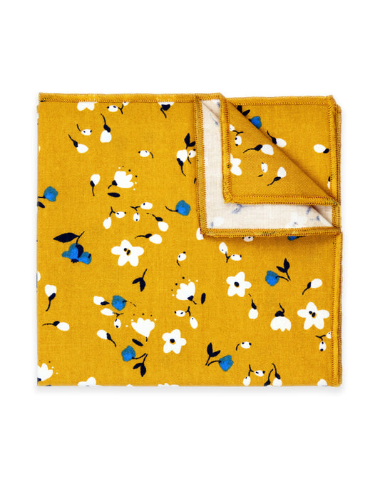100% Cotton Floral Print Pocket Square - Yellow & Blue