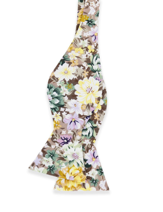 100% Cotton Floral Print Self-Tie Bow Tie - Brown & Yellow