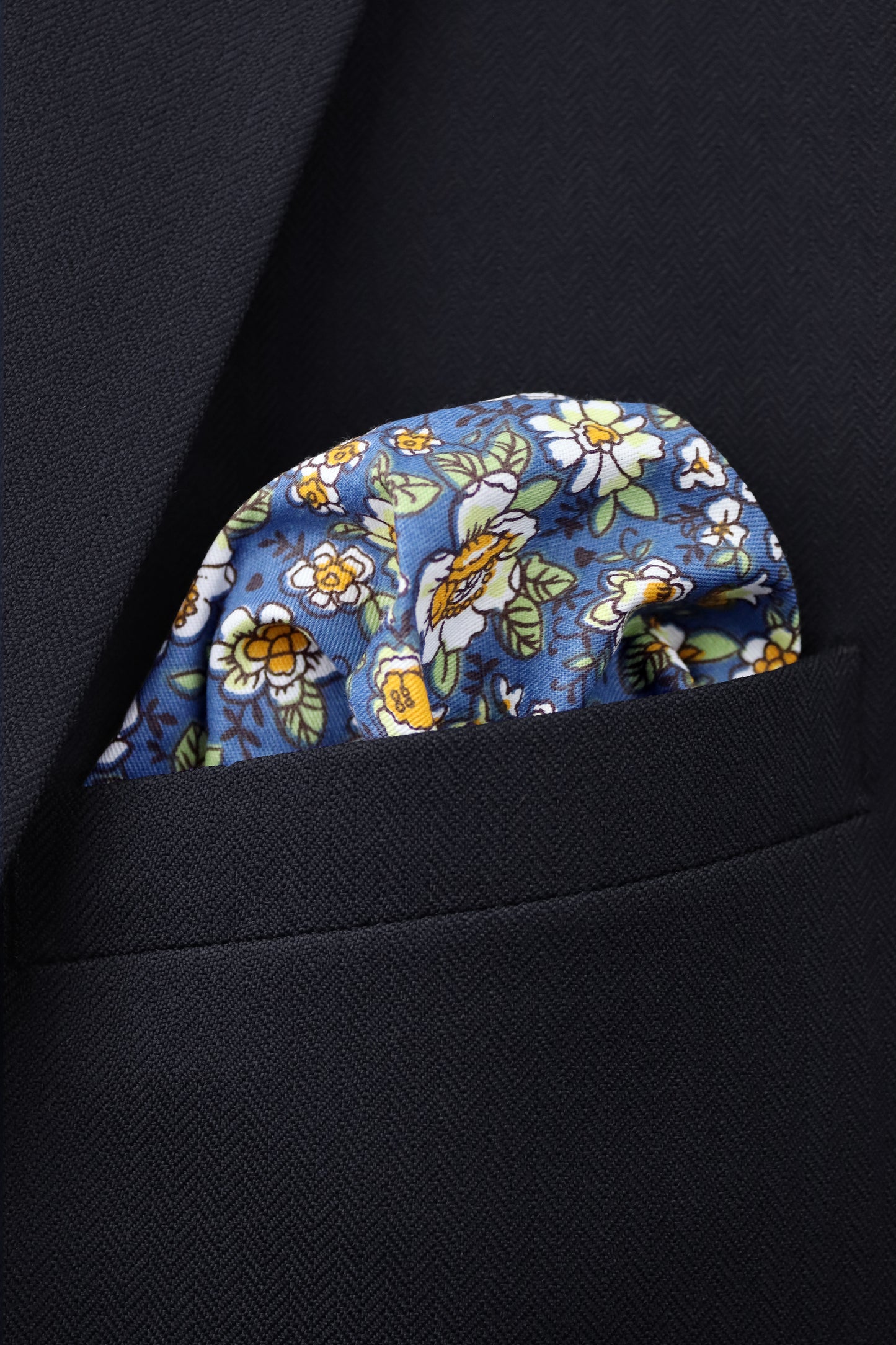 100% Cotton Floral Print Pocket Square - Blue & Yellow