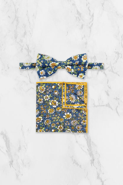 100% Cotton Floral Print Child Bow Tie - Blue & Yellow