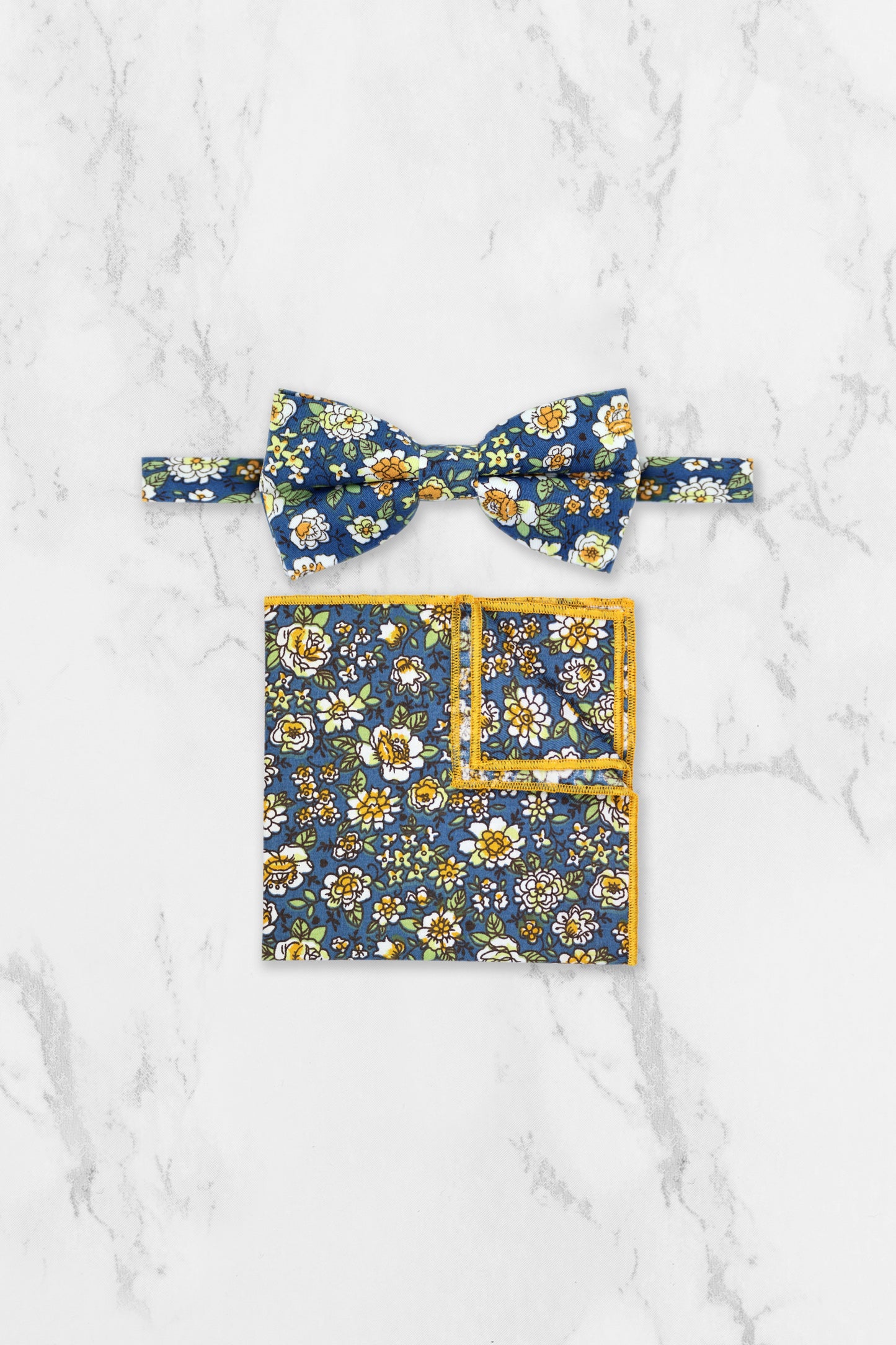 100% Cotton Floral Print Bow Tie - Blue & Yellow