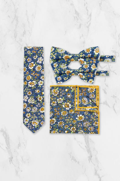 100% Cotton Floral Print Bow Tie - Blue & Yellow