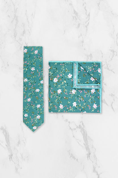 100% Cotton Floral Print Pocket Square - Teal Blue & White