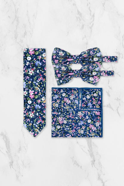 100% Cotton Floral Print Bow Tie - Blue & Pink