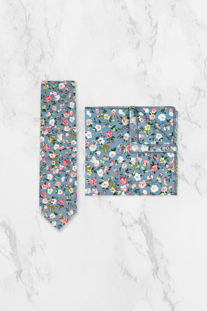 100% Cotton Floral Print Pocket Square - Blue & Pink