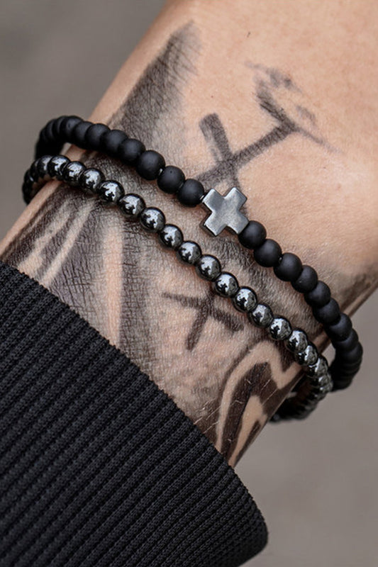 Beaded Cross Bracelet - Black & Silver