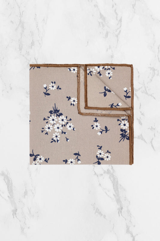 100% Cotton Floral Print Pocket Square - Brown & Navy