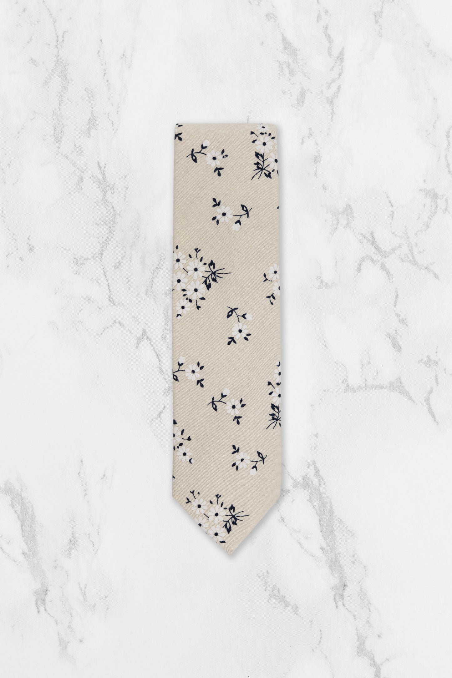 100% Cotton Floral Print Tie - Cream & Navy