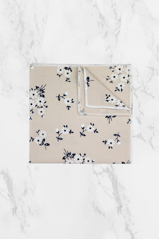 100% Cotton Floral Print Pocket Square - Cream & Navy