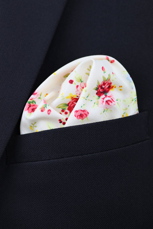 100% Cotton Floral Print Pocket Square - Cream & Pink